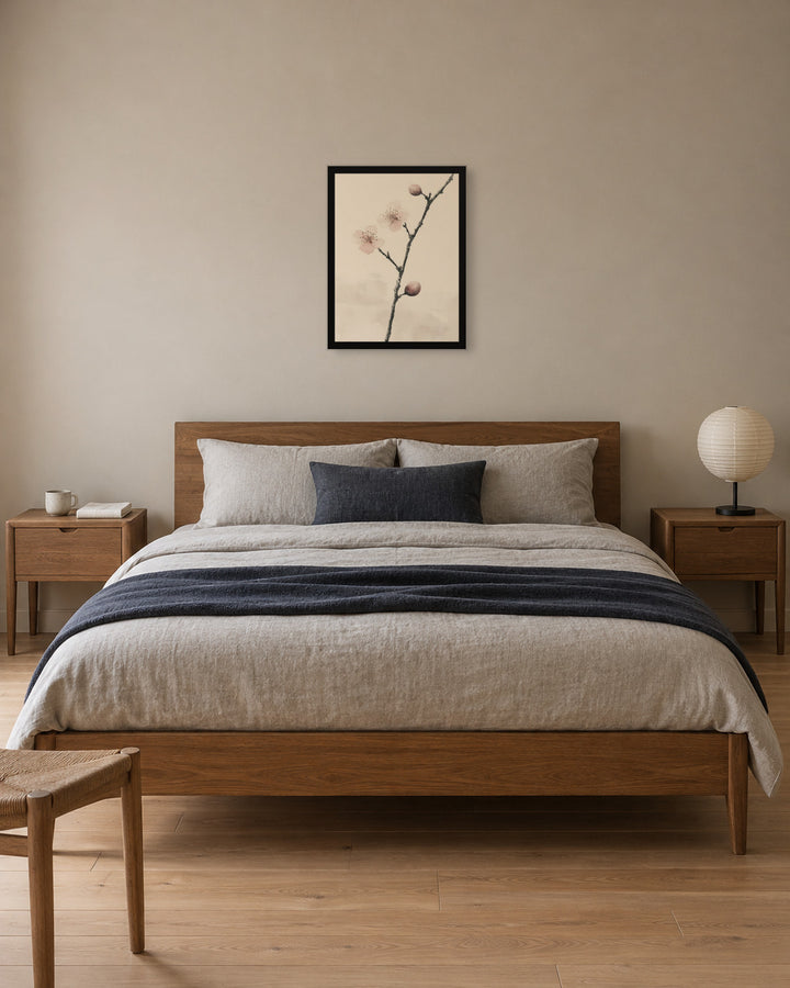 Early Plum in a Japandi bedroom, 18 × 24 in · Black frame
