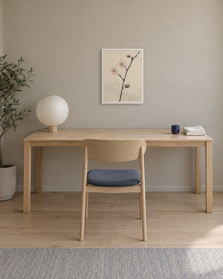 Early Plum in a Japandi home office, 18 × 24 in · White frame