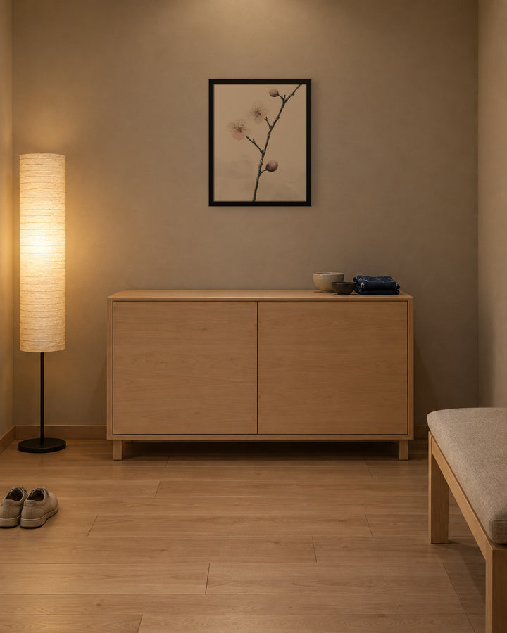 Early Plum in a Japandi entryway, 16 × 20 in · Black frame