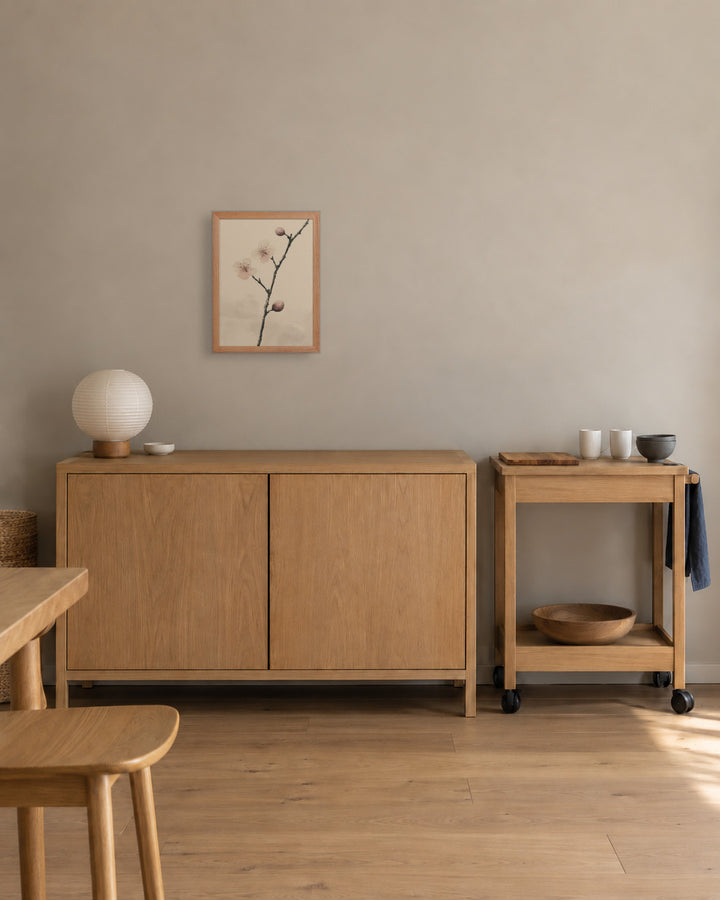 Early Plum in a Japandi kitchen, 12 × 16 in · Natural frame
