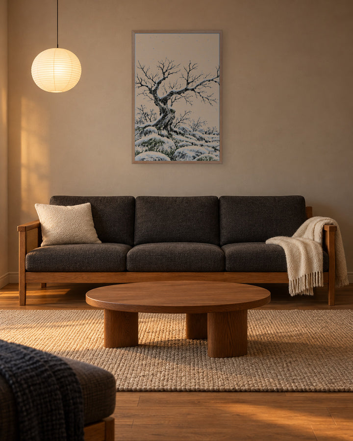 Seasons Garden · Bare Tree · Winter in a Japandi living room, 24 × 36 in · Natural frame