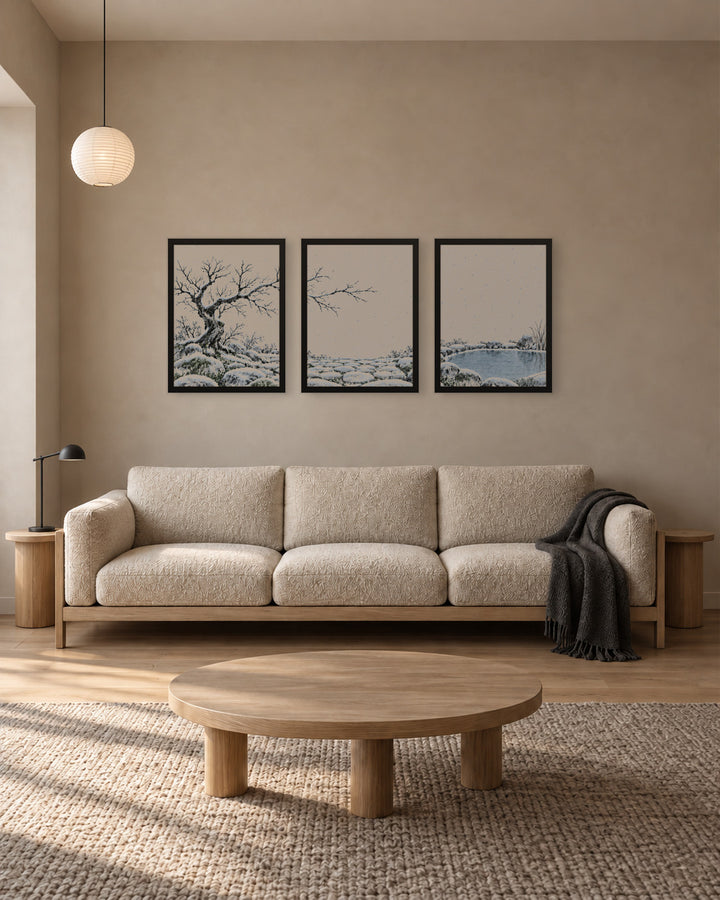 Seasons Garden · Still Pond · Winter in a Japandi living room, 18 × 24 in · Black frame