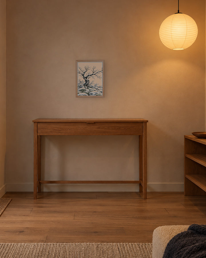 Seasons Garden · Bare Tree · Winter in a Japandi entryway, 12 × 16 in · Natural frame