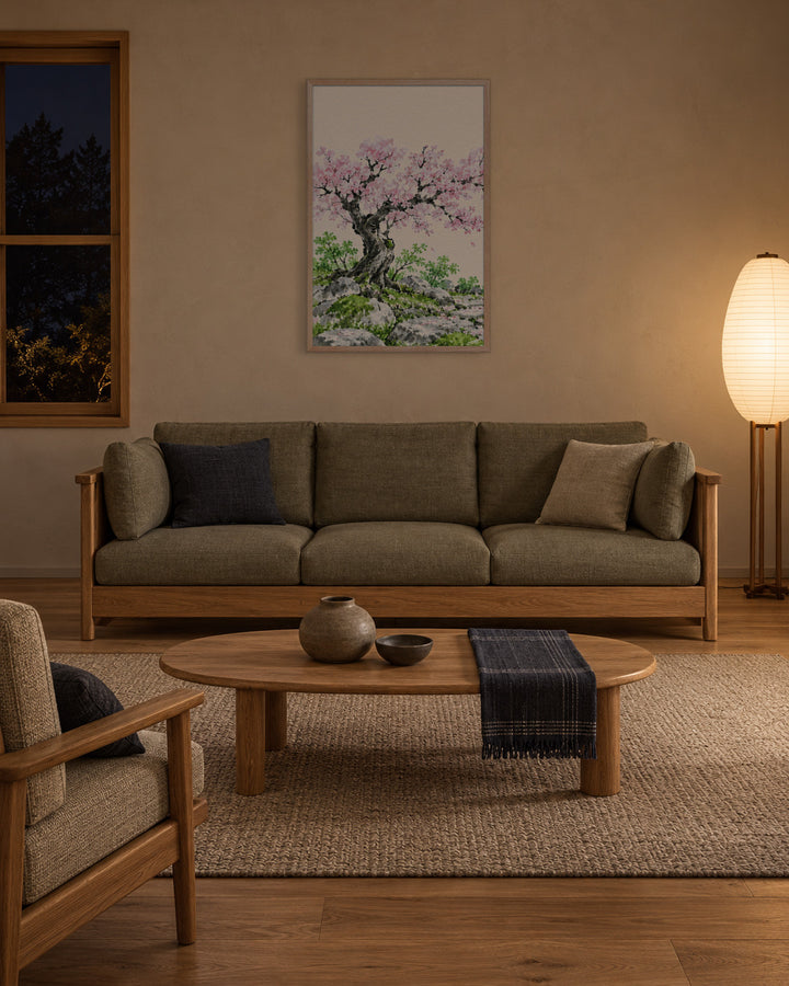 Seasons Garden · Cherry Tree · Spring in a Japandi living room, 24 × 36 in · Natural frame