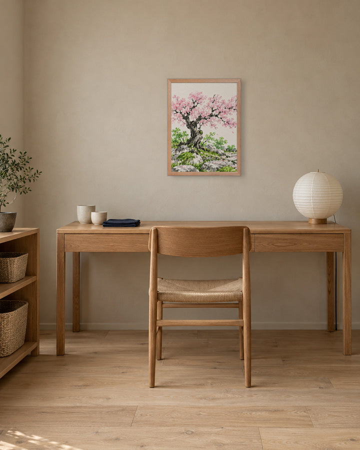 Seasons Garden · Cherry Tree · Spring in a Japandi study, 18 × 24 in · Natural frame