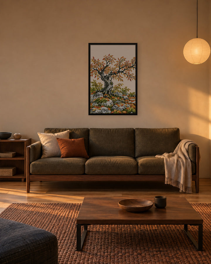 Seasons Garden · Golden Tree · Autumn in a Japandi living room, 24 × 36 in · Black frame