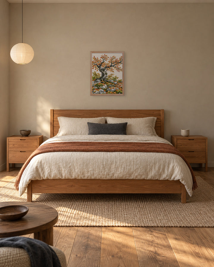 Seasons Garden · Golden Tree · Autumn in a Japandi bedroom, 18 × 24 in · Natural frame
