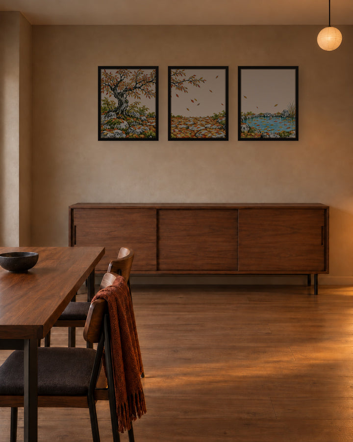 Seasons Garden · Golden Tree · Autumn in a Japandi dining room, 16 × 20 in · Black frame