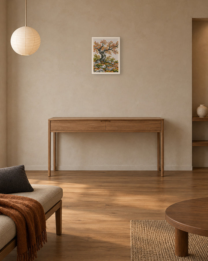Seasons Garden · Golden Tree · Autumn in a Japandi living room, 12 × 16 in · White frame