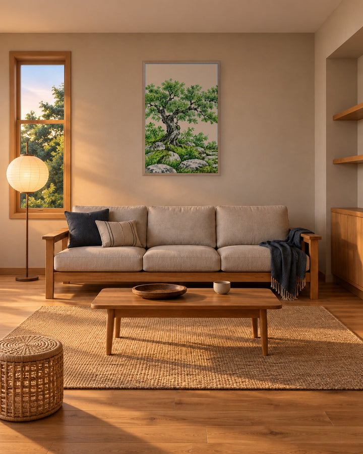 Seasons Garden · Green Tree · Summer in a Japandi living room, 24 × 36 in · Natural frame