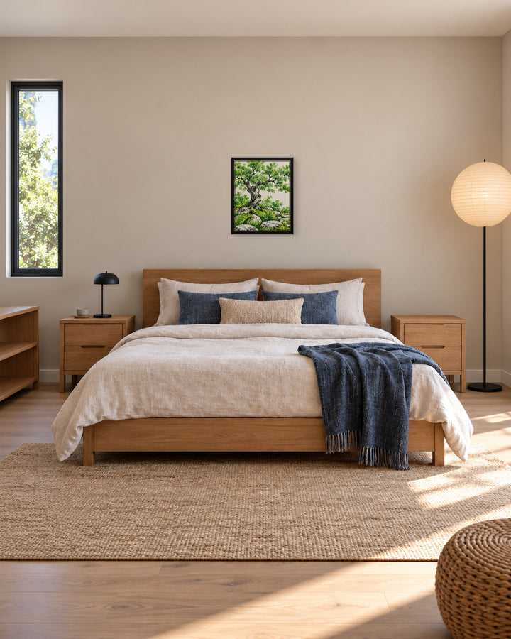 Seasons Garden · Green Tree · Summer in a Japandi bedroom, 16 × 20 in · Black frame