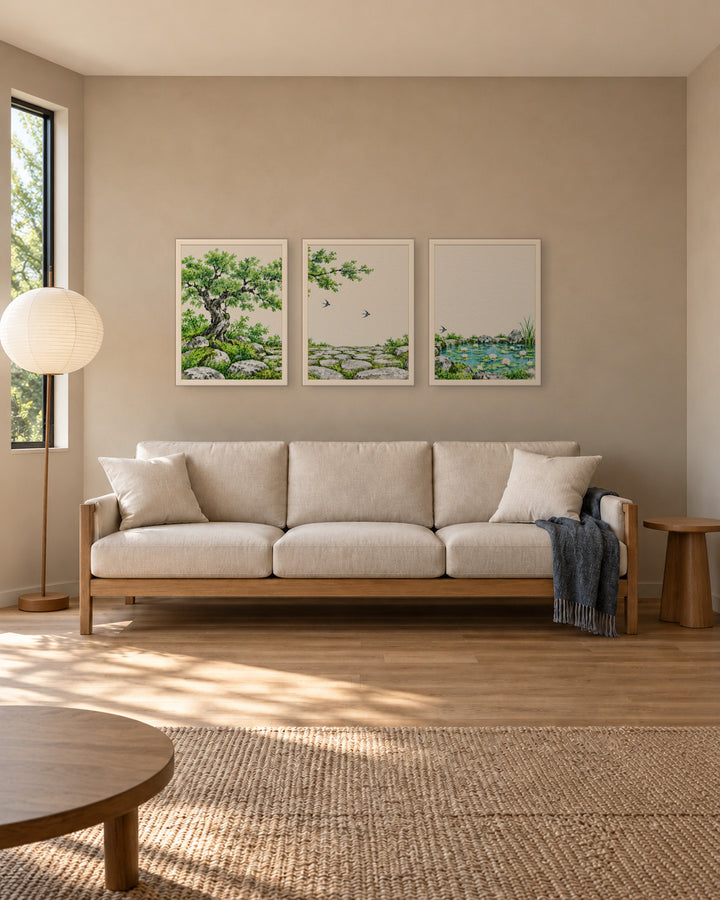 Seasons Garden · Swallow Path · Summer in a Japandi living room, 18 × 24 in · White frame