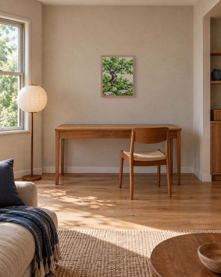 Seasons Garden · Green Tree · Summer in a Japandi study, 16 × 20 in · Natural frame