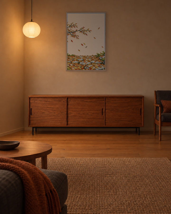 Seasons Garden · Leaf Path · Autumn in a Japandi living room, 24 × 36 in · Natural frame