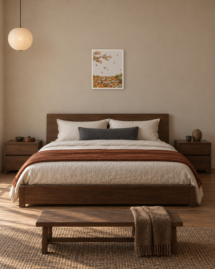 Seasons Garden · Leaf Path · Autumn in a Japandi bedroom, 16 × 20 in · White frame
