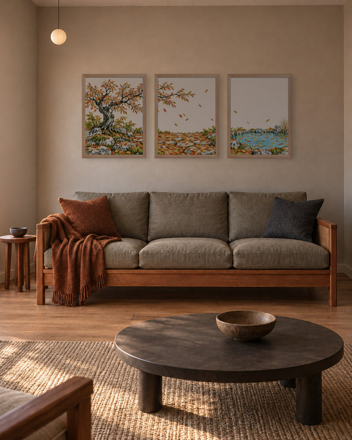 Seasons Garden · Golden Tree · Autumn in a Japandi living room, 18 × 24 in · Natural frame