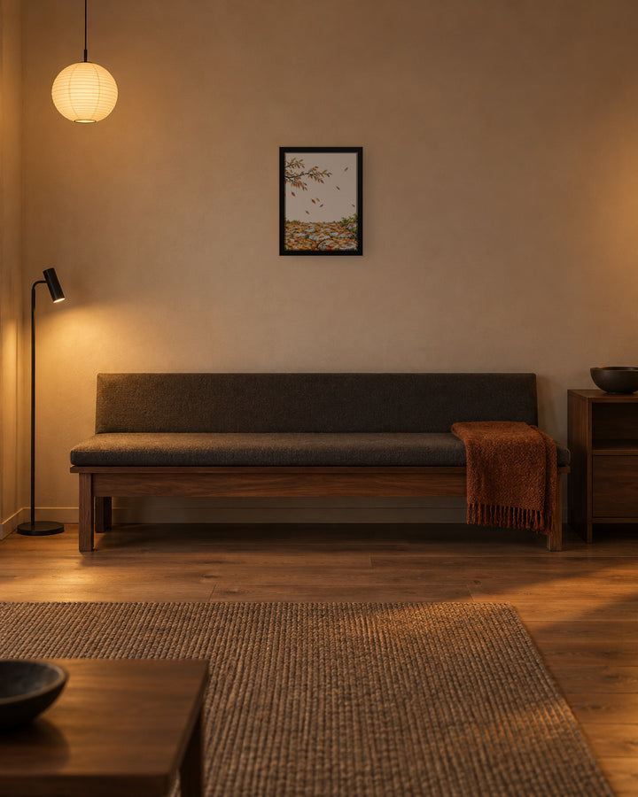 Seasons Garden · Leaf Path · Autumn in a Japandi living room, 12 × 16 in · Black frame