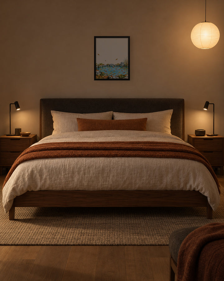 Seasons Garden · Leaf Pond · Autumn in a Japandi bedroom, 16 × 20 in · Black frame