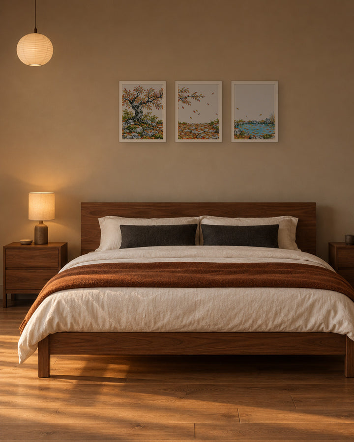 Seasons Garden · Golden Tree · Autumn in a Japandi bedroom, 12 × 16 in · White frame