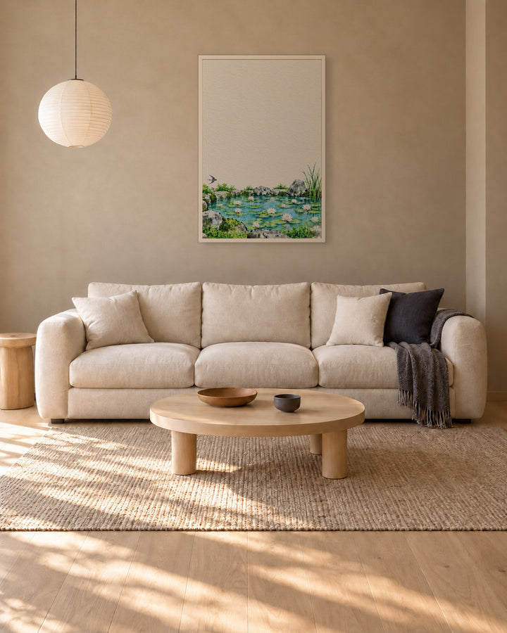 Seasons Garden · Lily Pond · Summer in a Japandi living room, 24 × 36 in · White frame