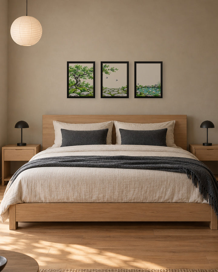 Seasons Garden · Swallow Path · Summer in a Japandi bedroom, 12 × 16 in · Black frame