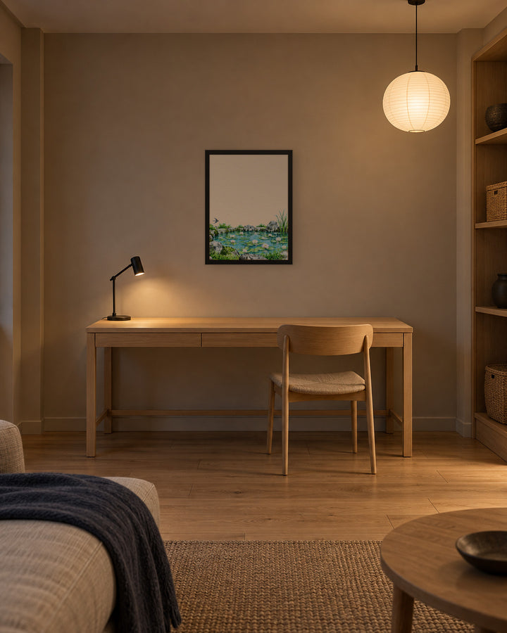 Seasons Garden · Lily Pond · Summer in a Japandi study, 18 × 24 in · Black frame