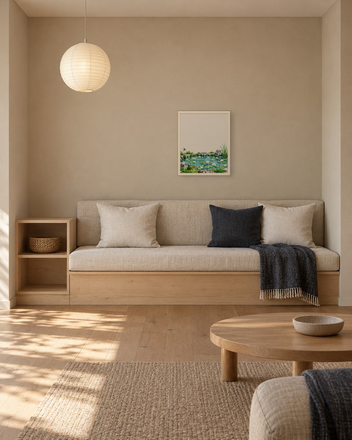 Seasons Garden · Lily Pond · Summer in a Japandi reading nook, 16 × 20 in · White frame