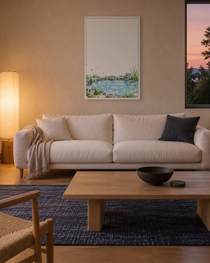 Seasons Garden · Petal Pond · Spring in a Japandi living room, 24 × 36 in · White frame