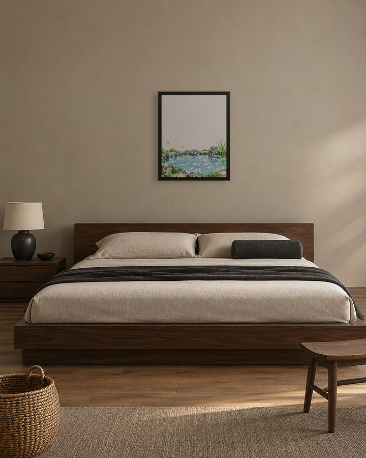 Seasons Garden · Petal Pond · Spring in a Japandi bedroom, 16 × 20 in · Black frame