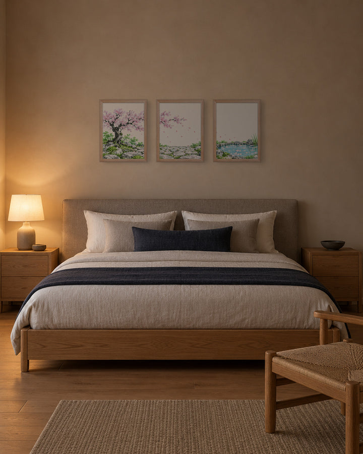 Seasons Garden · Petal Pond · Spring in a Japandi bedroom, 12 × 16 in · Natural frame