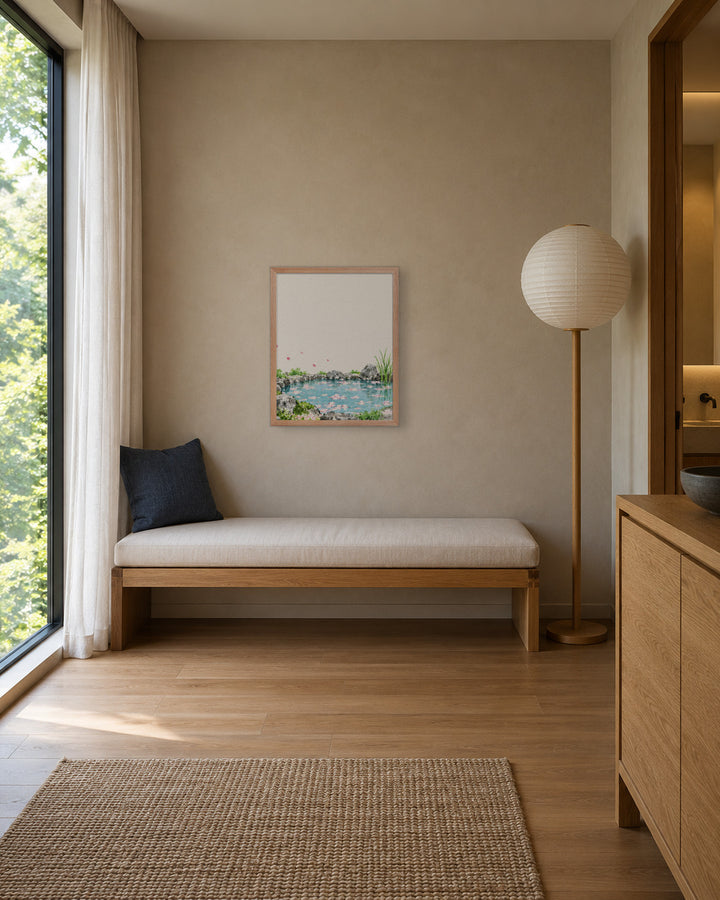 Seasons Garden · Petal Pond · Spring in a Japandi hallway, 16 × 20 in · Natural frame