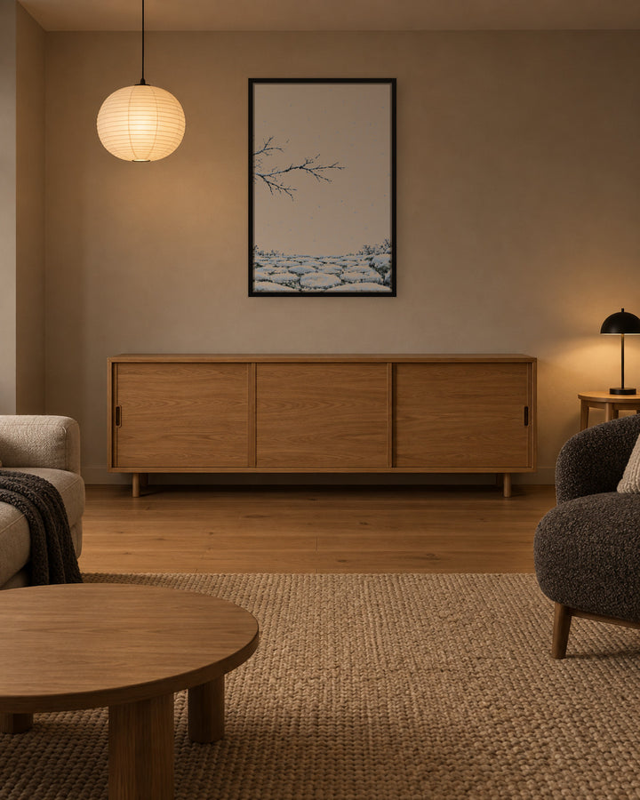 Seasons Garden · Snow Path · Winter in a Japandi living room, 24 × 36 in · Black frame