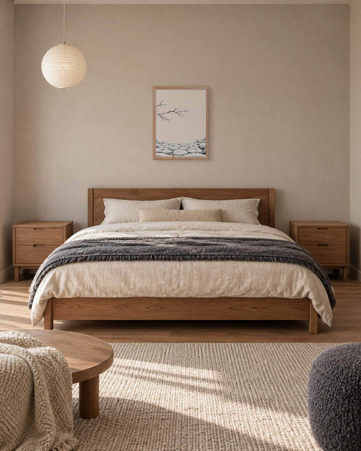 Seasons Garden · Snow Path · Winter in a Japandi bedroom, 18 × 24 in · Natural frame