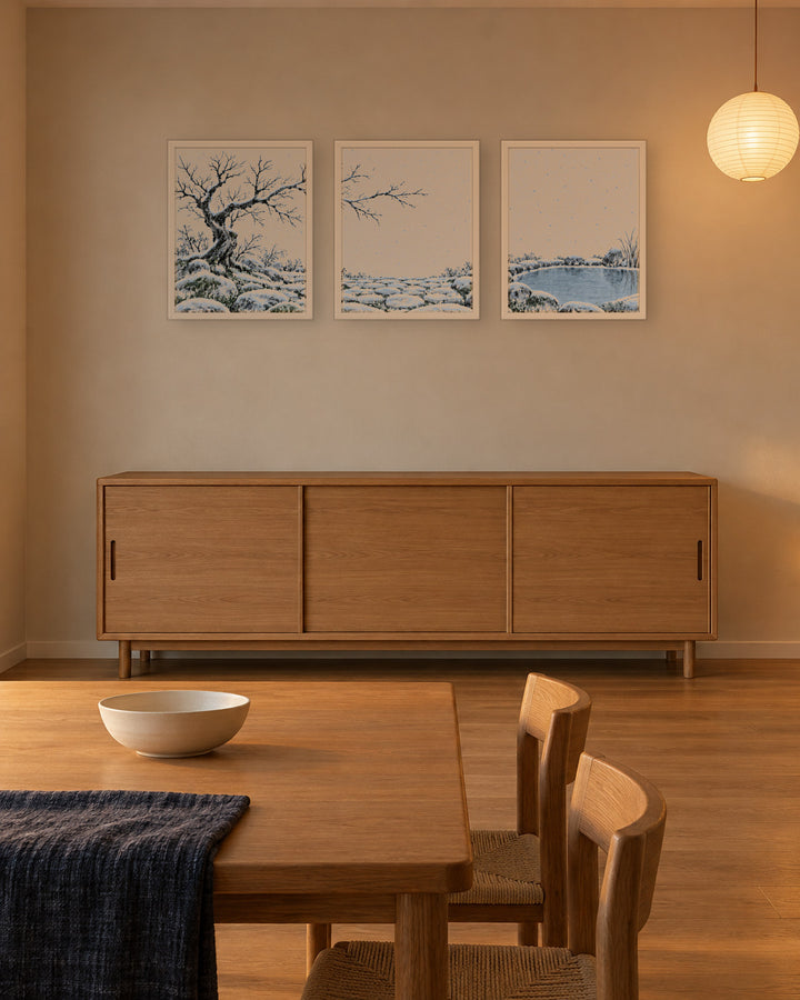 Seasons Garden · Still Pond · Winter in a Japandi dining room, 16 × 20 in · White frame