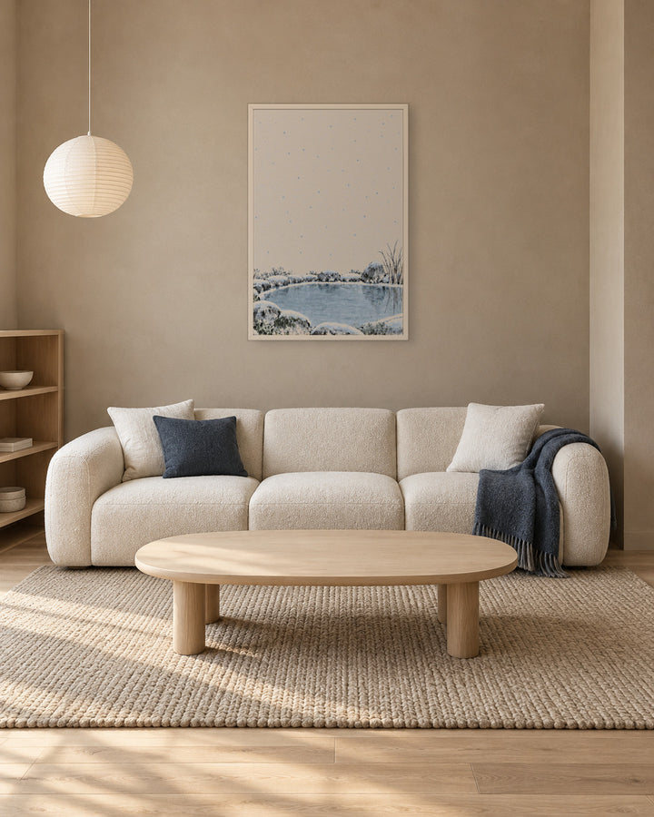 Seasons Garden · Still Pond · Winter in a Japandi living room, 24 × 36 in · White frame