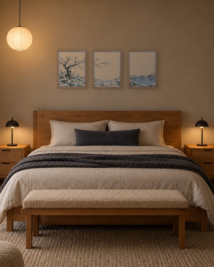 Seasons Garden · Still Pond · Winter in a Japandi bedroom, 12 × 16 in · Natural frame