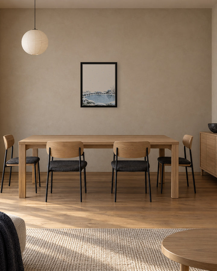 Seasons Garden · Still Pond · Winter in a Japandi dining room, 16 × 20 in · Black frame