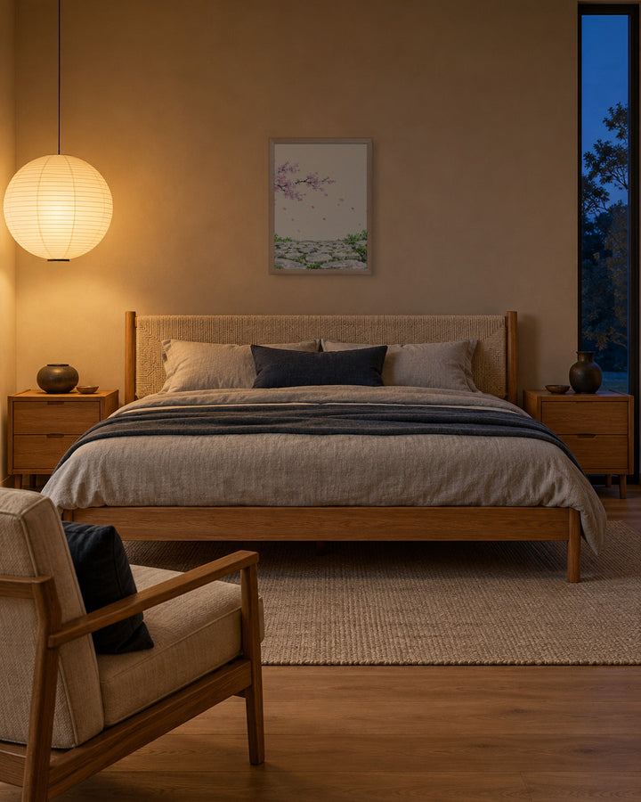 Seasons Garden · Stone Path · Spring in a Japandi bedroom, 18 × 24 in · Natural frame