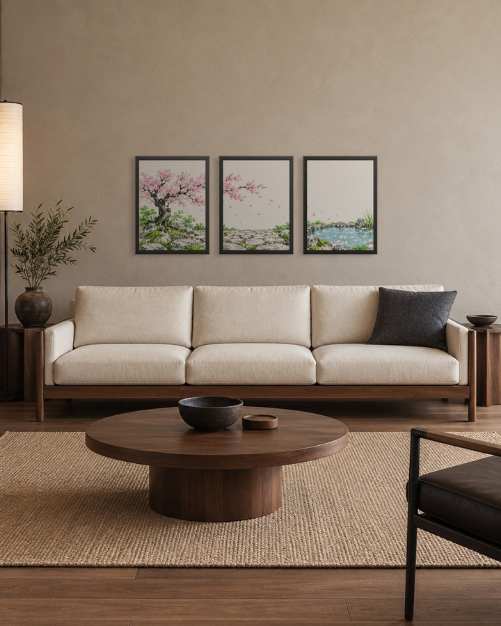 Seasons Garden · Petal Pond · Spring in a Japandi living room, 18 × 24 in · Black frame