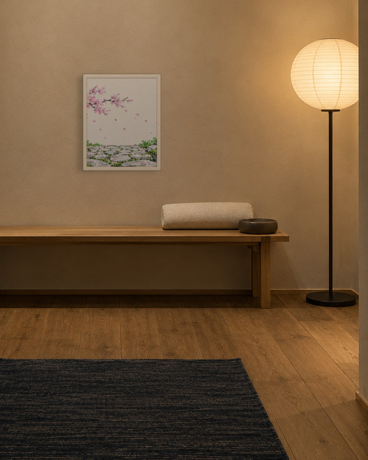 Seasons Garden · Stone Path · Spring in a Japandi hallway, 16 × 20 in · White frame
