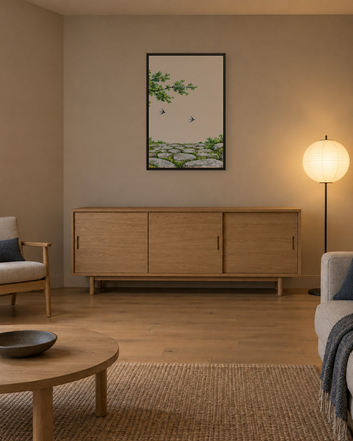 Seasons Garden · Swallow Path · Summer in a Japandi living room, 24 × 36 in · Black frame