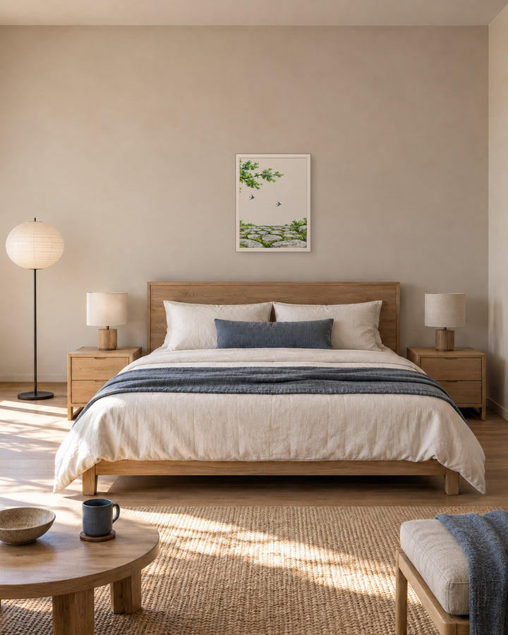 Seasons Garden · Swallow Path · Summer in a Japandi bedroom, 18 × 24 in · White frame