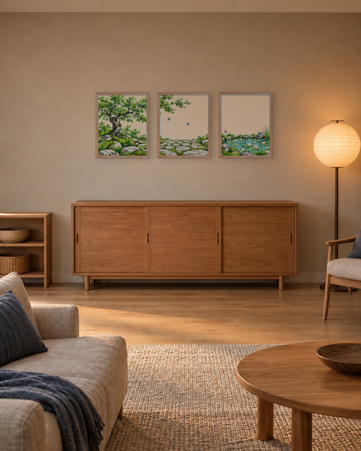 Seasons Garden · Swallow Path · Summer in a Japandi living room, 16 × 20 in · Natural frame