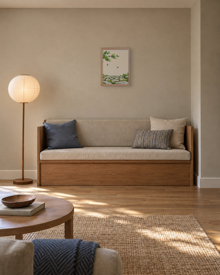Seasons Garden · Swallow Path · Summer in a Japandi living room, 12 × 16 in · Natural frame
