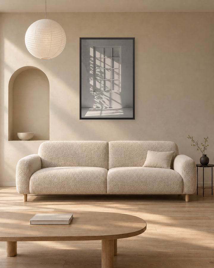 Shadow Play in a Japandi living room, 24 × 36 in · Black frame
