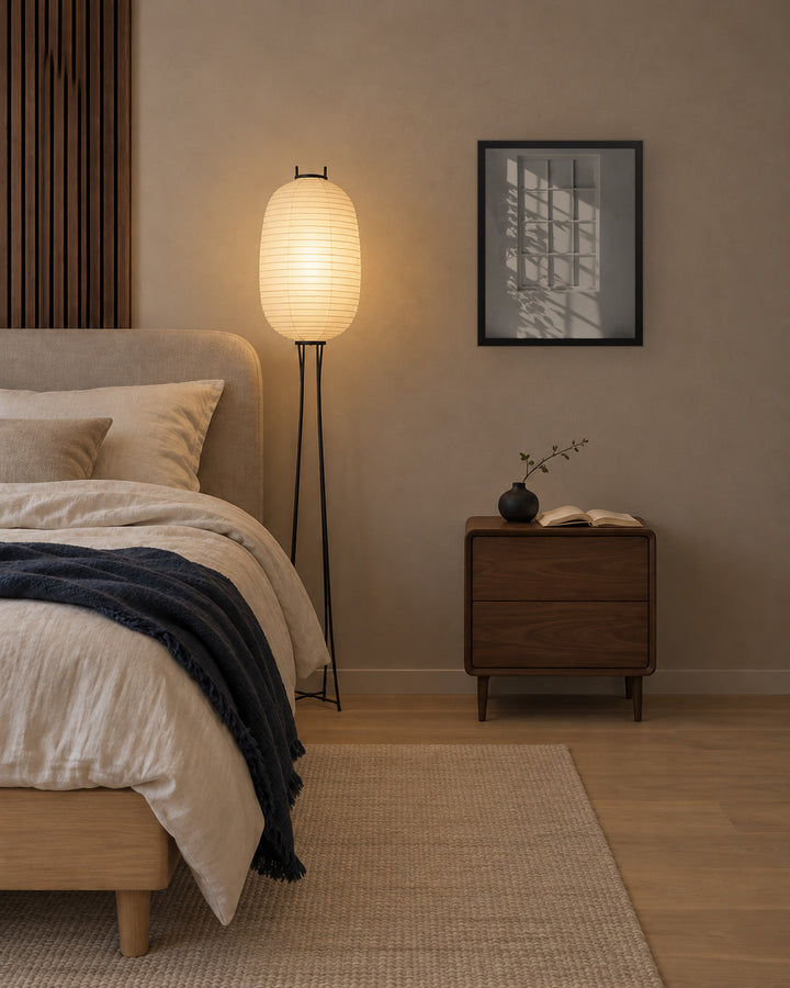 Shadow Play in a Japandi bedroom, 16 × 20 in · Black frame