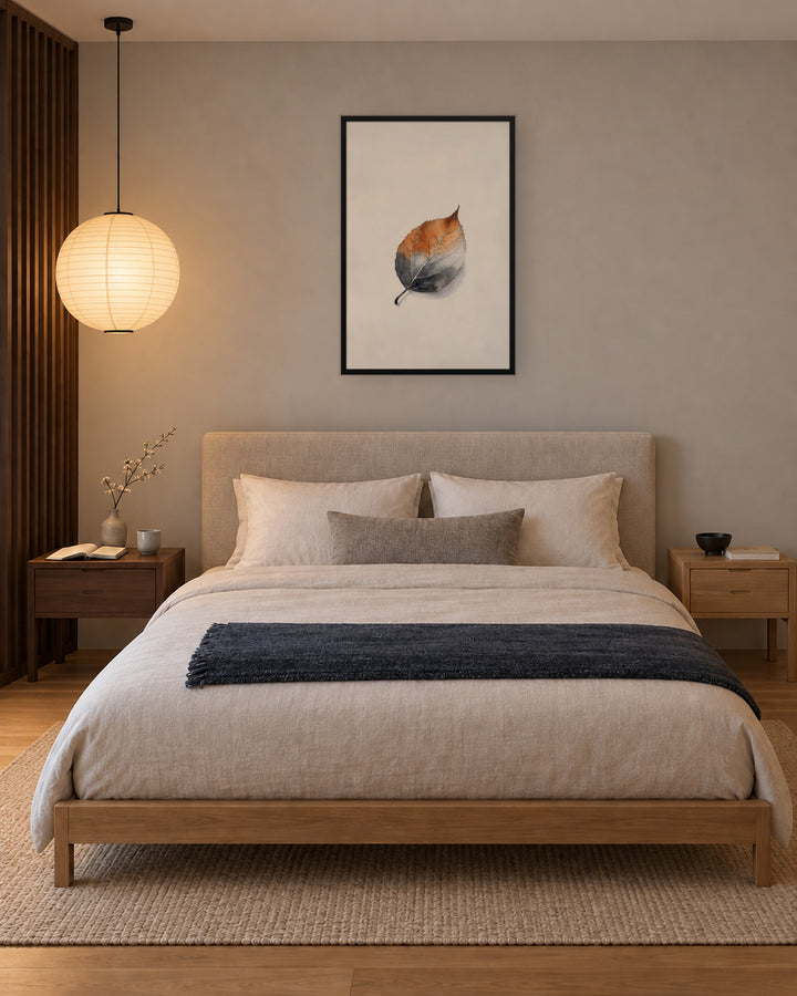 Single Leaf in a Japandi bedroom, 24 × 36 in · Black frame