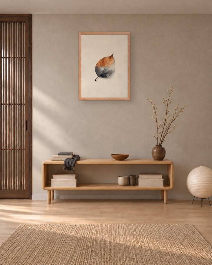 Single Leaf in a Japandi living room, 18 × 24 in · Natural frame