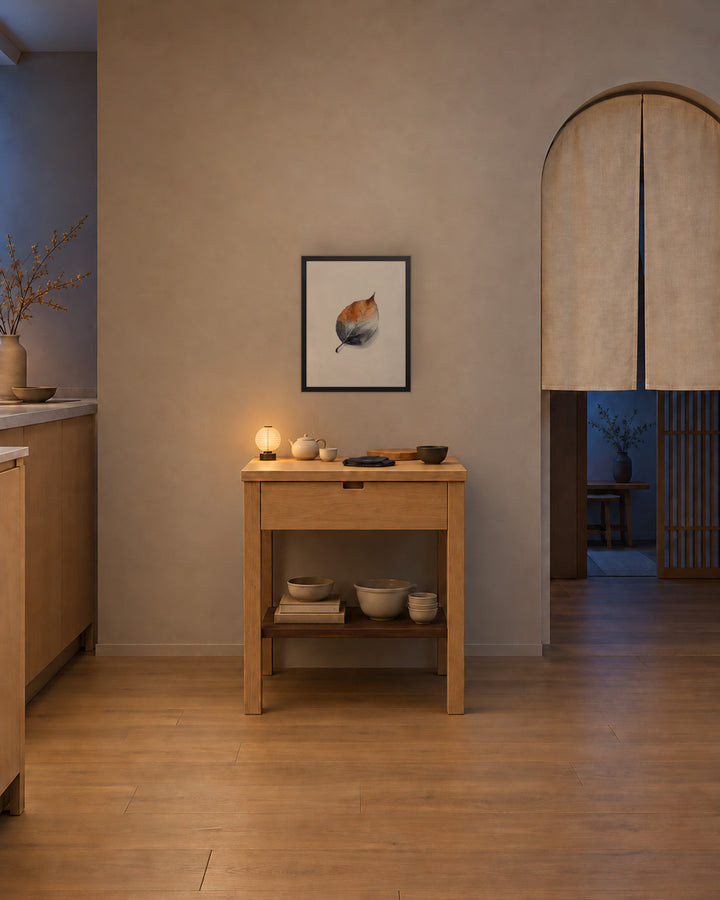Single Leaf in a Japandi kitchen, 16 × 20 in · Black frame