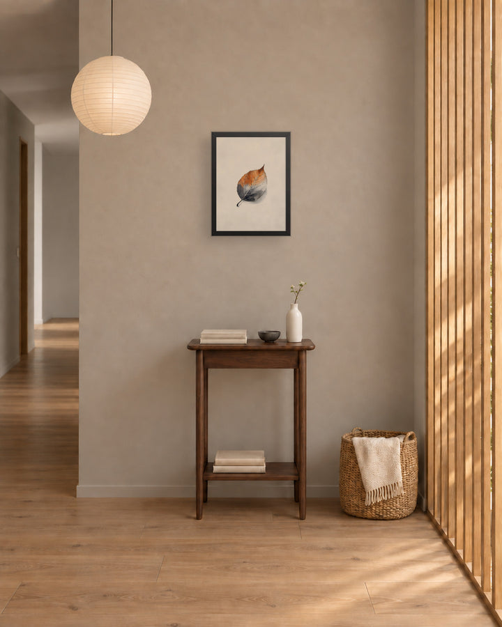 Single Leaf in a Japandi hallway, 12 × 16 in · Black frame